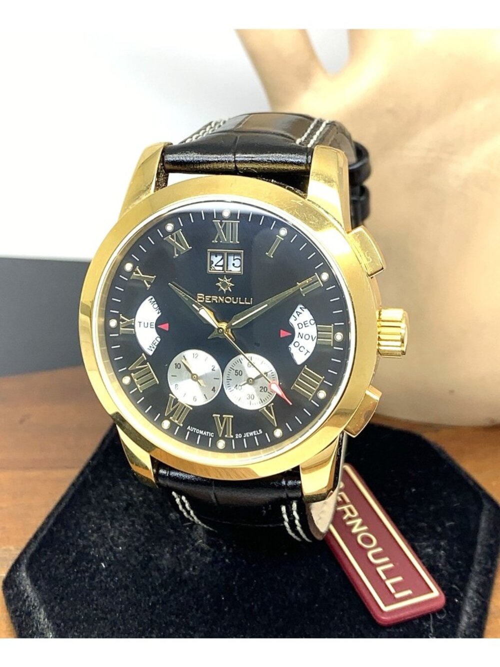 Bernoulli Men's Watch Automatic Gold Black Triple Calendar Leather Strap 43mm
